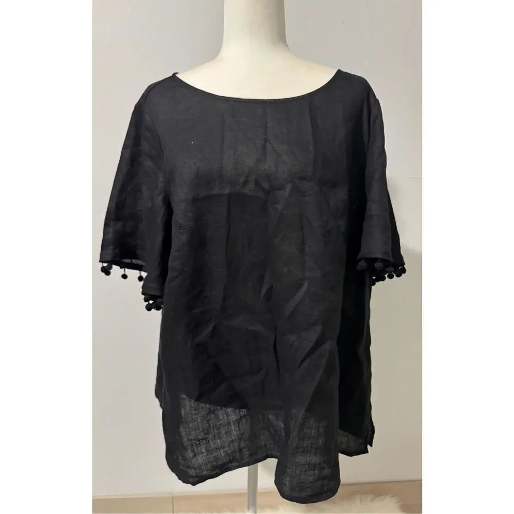 Talbots 100% Linen black palm palm sleeves 1x